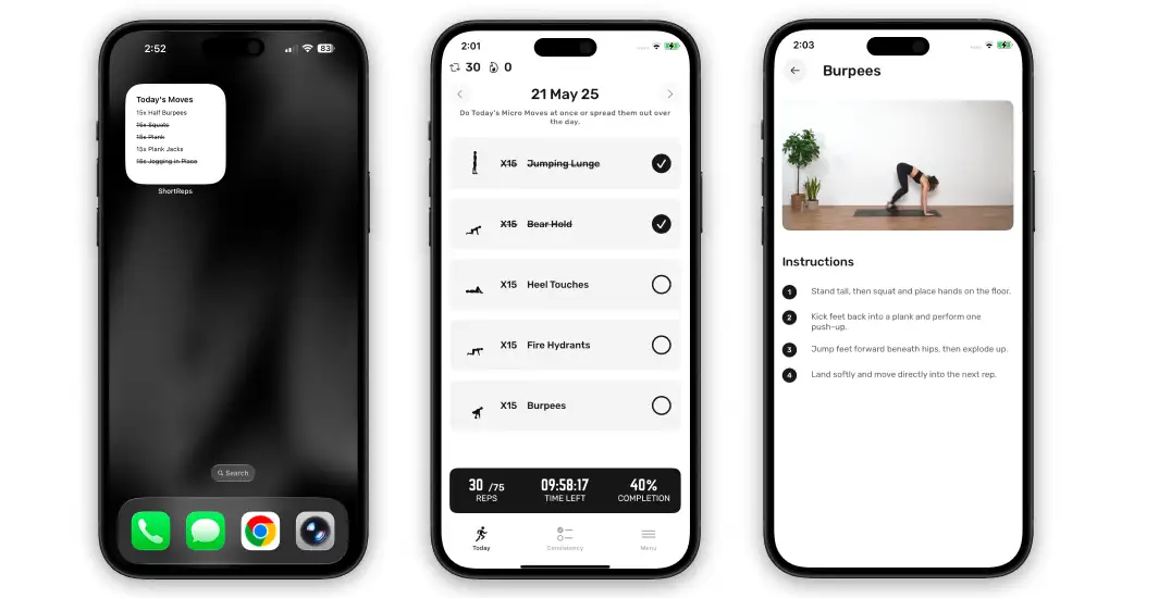 ShortReps app showing a home screen widget, 5 daily exercise snacks, and posture video instructions